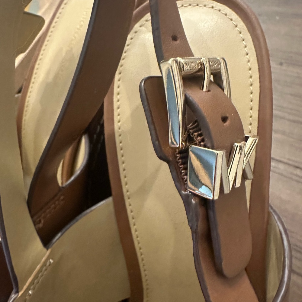 Michael Kors Tan Leather Crisscross Wedge Sandals - Picture 3 of 10